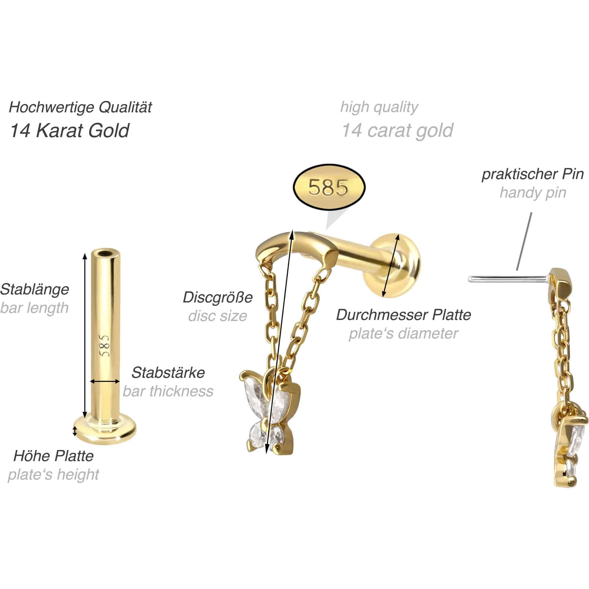 PIERCINGLINE Piercing Stecker 14 Gold Labret mit Push Fit MOISSANIT-SCHMETTERLING + BOGEN + KETTE 585er Gold - Roségoldfarben, Goldfarben, Silberfarben
