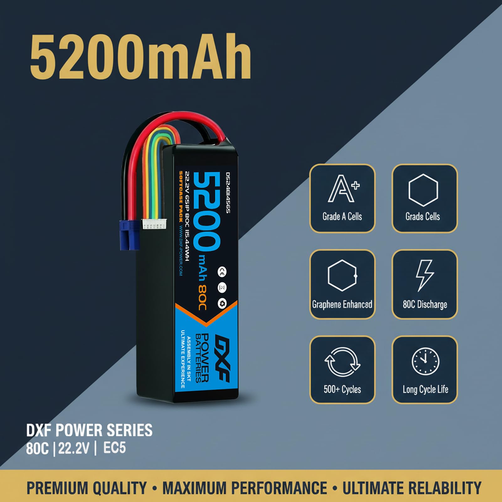 DXF 5200mAh 22.2V 6S 80C EC5 batería Recargable Pila Polímero de Litio Juguete Multicolor para Helicópteros y Aviones más Pequeños como Align GAUI KDS ElyQ Trex-550/600（2PCS）