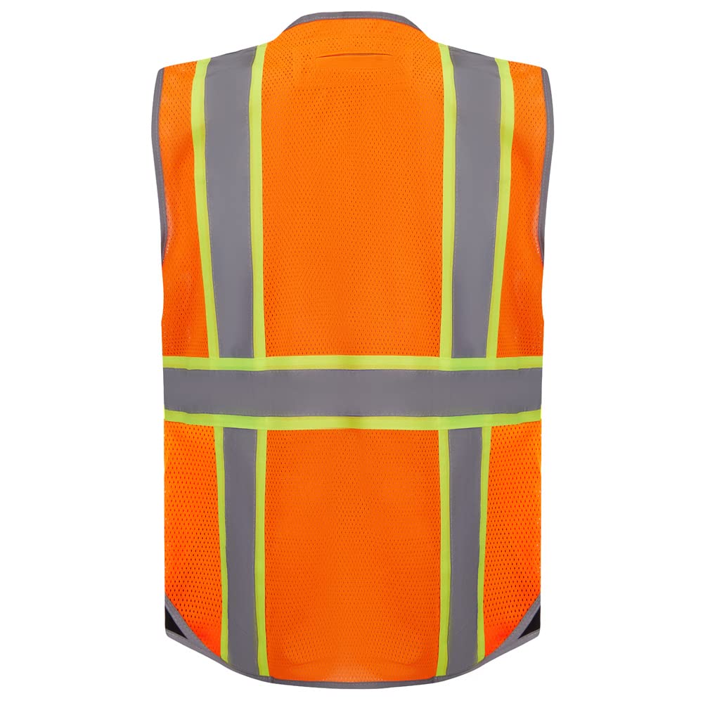 3C Products SV3800, ANSI/ISEA Class 2 Surveyor Safety Vest w/Yellow binding, Zipper, iPad Pocket, Neon Orange w/Black Bottom,4XL