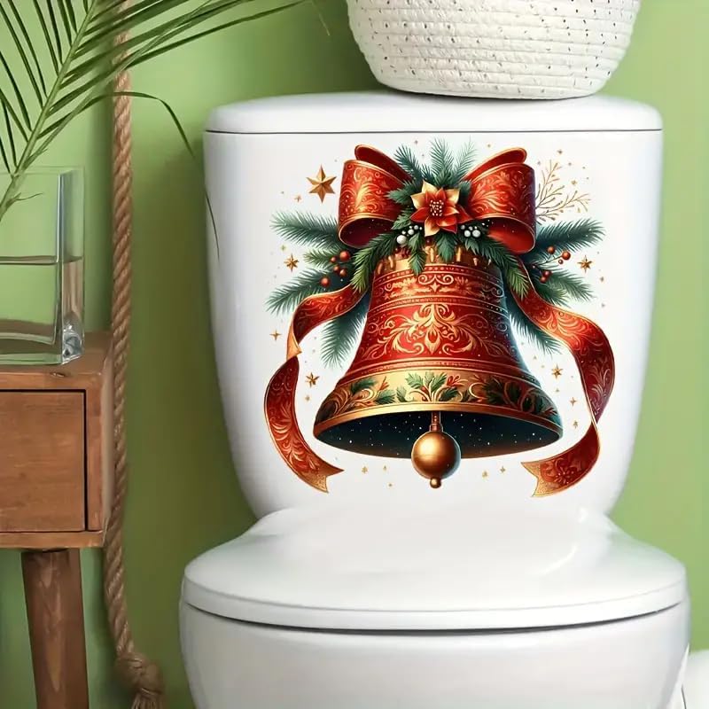 Christmas Bow Bell Toilet Cover Sticker Decals,Fish Bird Flower Leaf Waterproof Toilet Lid Tank Seat Decals Cistern Self-Adhesive Bathroom Wall Sticker