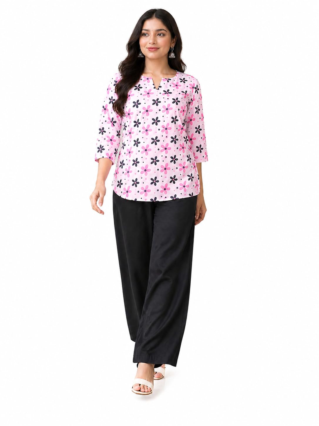 Women's Floral Print Top with Wide-Leg Palazzo Pants, Pink and Black, 3/4 Sleeves, Co-ord Set-image-3