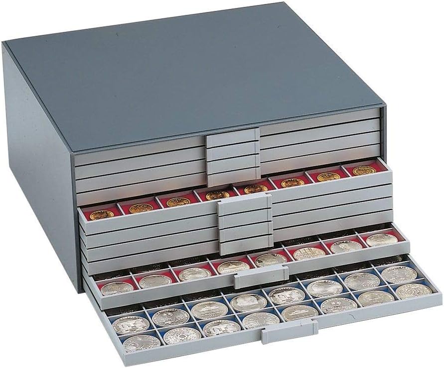 Safe Albums Beba Coin Box Cabinet with 10 Trays for Hundreds of Coins with diameters from 22.5mm up to 93mm.