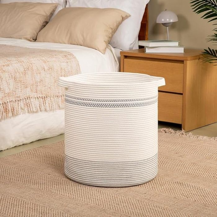 Image of Storage Rope Laundry Hamper Basket for Clothes, Towels and Blankets in Livingroom, Bedroom, Laundry Room and Basket for Nursery Storage (Size - 15 inch x 15 inch x 18 inch) (Grey White Mix)