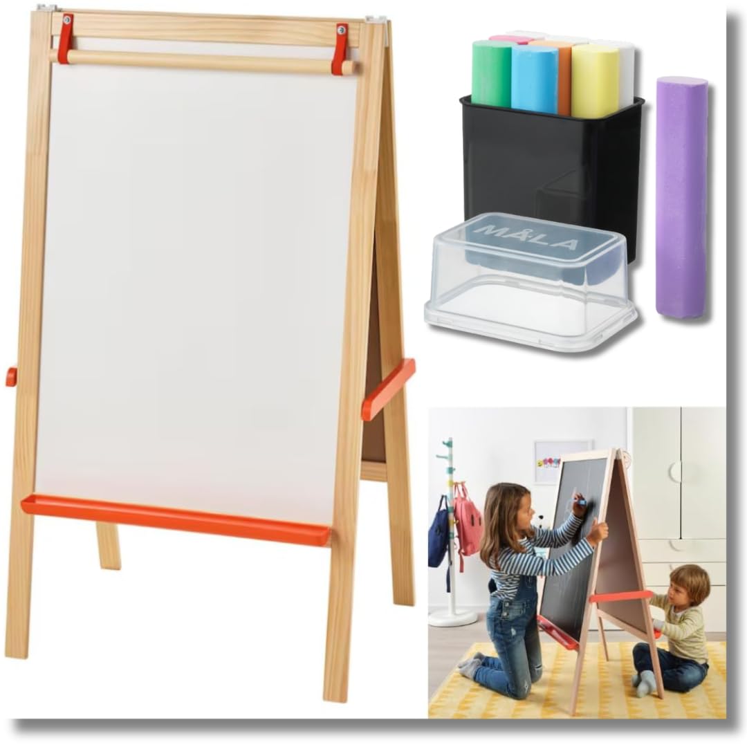 MÅLA Easel, softwood Kids Drawing Easel with Blackboard, Whiteboard, Canvas, Folding, Portable, + Chalk, Mixed Colors, Great Christmas Gifts for Kids