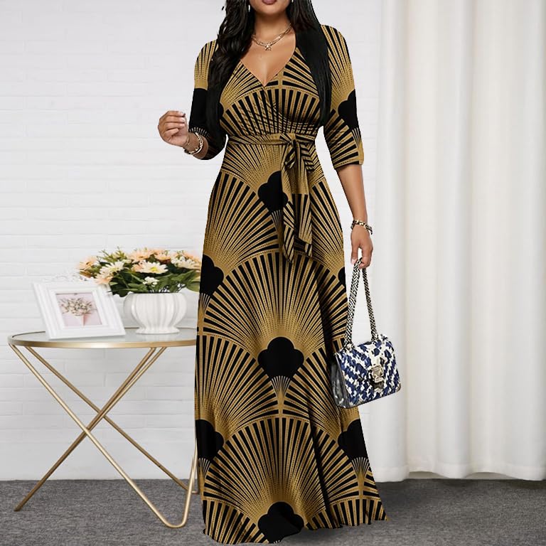 Image of CaniBtr Maxi Dresses for Women Plus Size 3 /4 Sleeve Long Dress with Belt