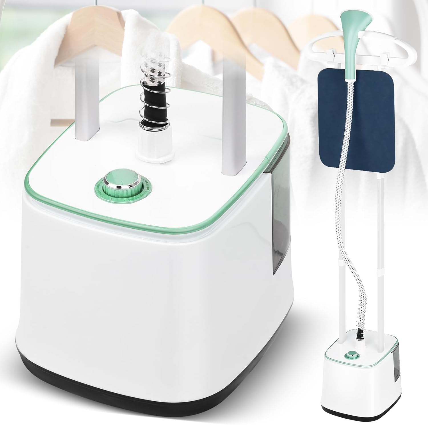 Steamer for Clothes, 2000W Powerful Standing Garment Steamer, 10 Steam Levels, 2.7L Water Tank for 90 Mins Continuous Steaming, Home & Commercial Use, Hanger, Gloves, Fabric Brush (Green)