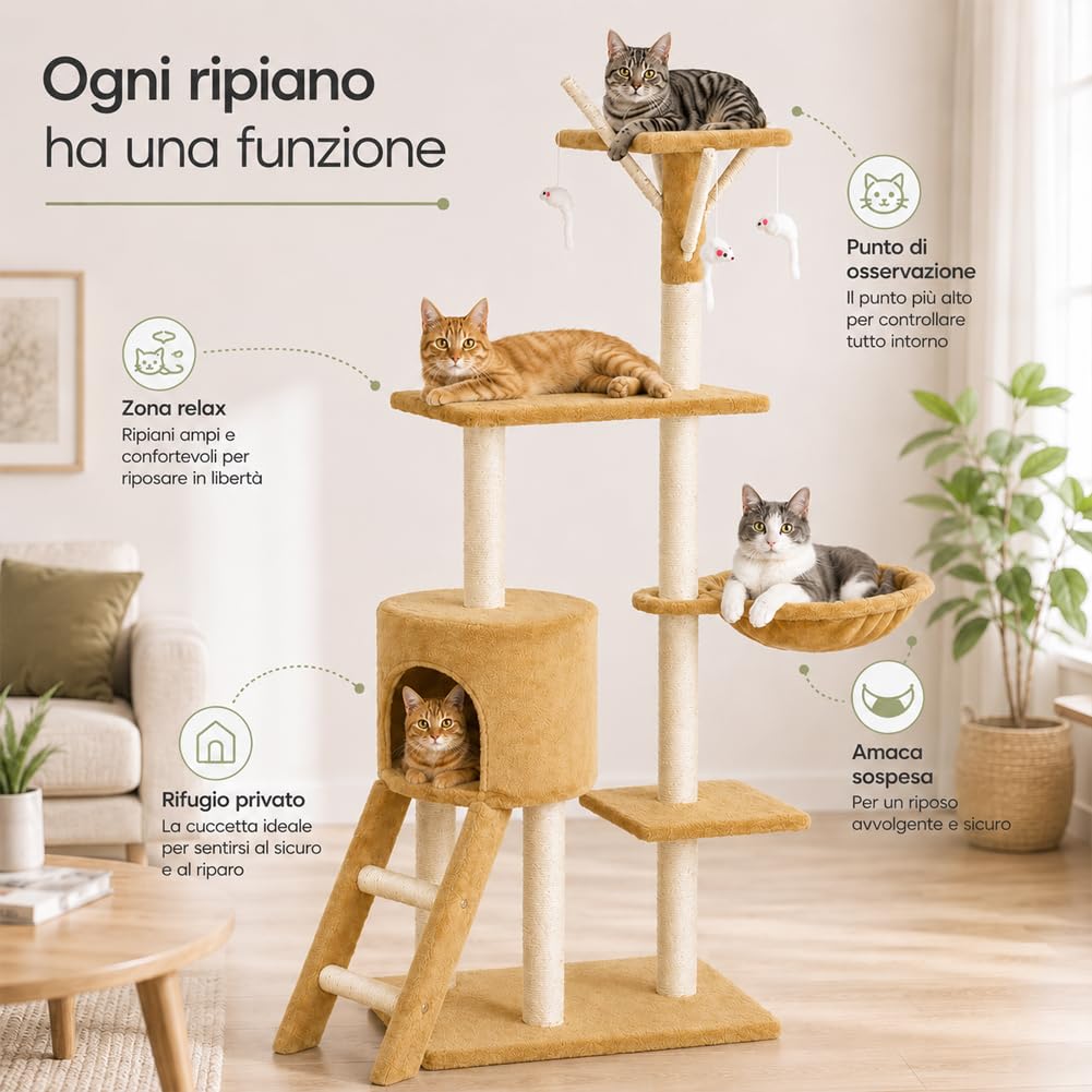 BAKAJI Rascador para Gatos, árbol de sisal, Parque de Juegos, para Gatos, rascador de Columna, Altura 144 cm (Beige)