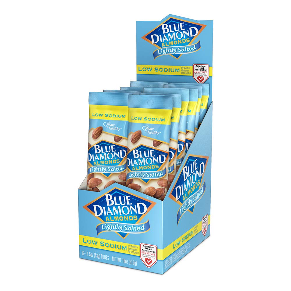Blue Diamond Almonds, Low Sodium, Lightly Salted Flavored Snack Nuts, Single Serve Bags (1.5 Oz. Tubes),(Pack of 24)