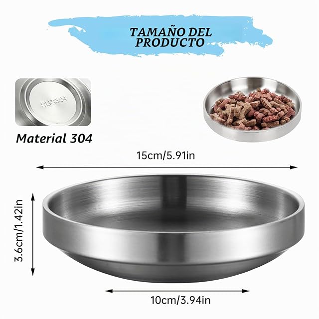 Foto 8 de 8 de 2 Cuencos Planos de Acero Inoxidable Metal 304 para Gatos - Comedero y Agua a Prueba de Caídas