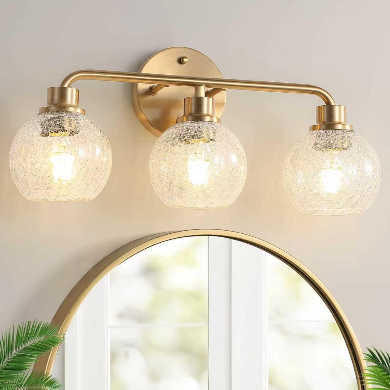 Brushed Brass 3 Light Bathroom Vanity Light Bathroom Lights Over Mirror Farmhouse Vanity Sconce Wall Lighting with Crackle Glass Shades