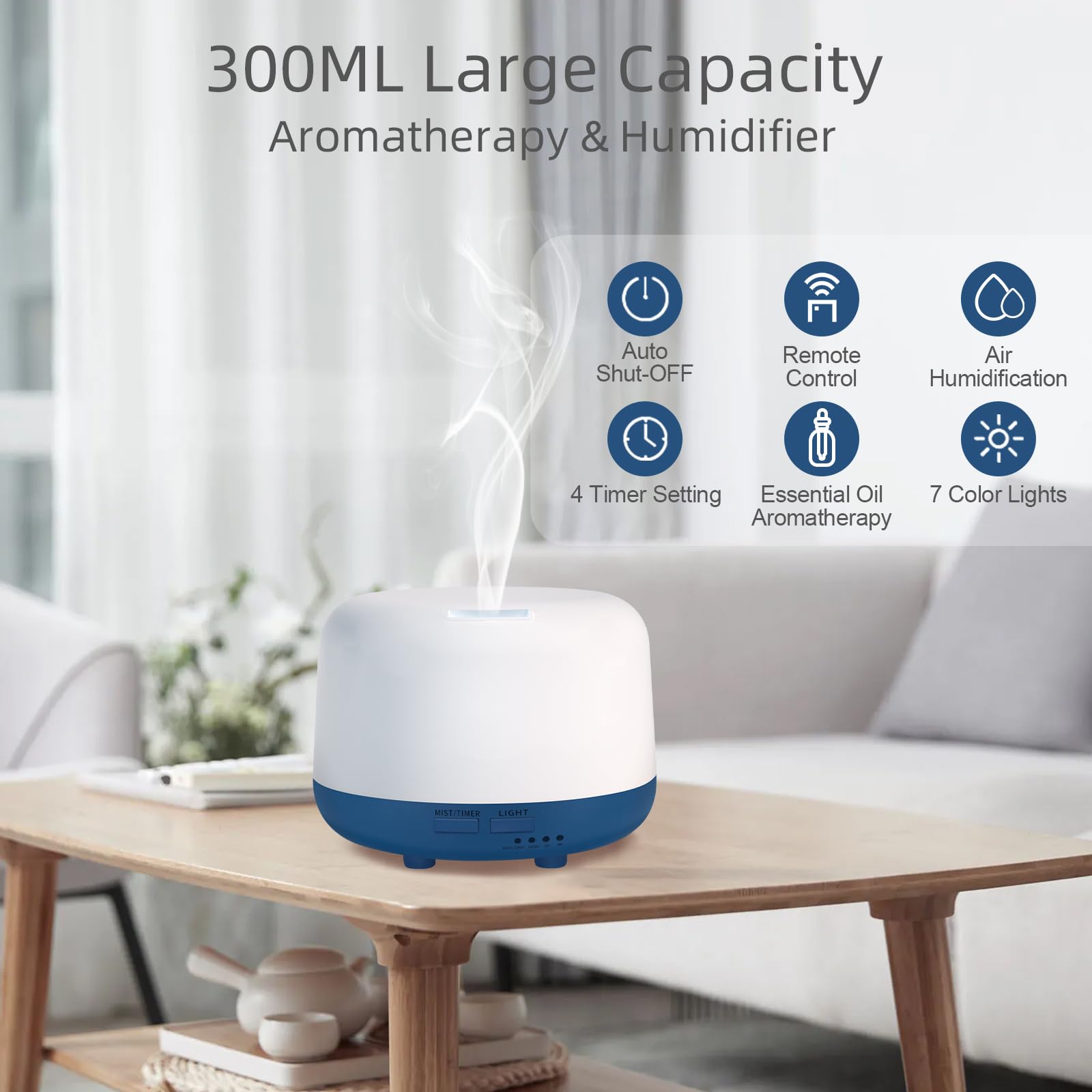 Marchred Diffuseur d'huiles essentielles, 300 ml avec télécommande, 7 lumières LED à changement de couleur, humidificateur à ultrasons avec brume froide