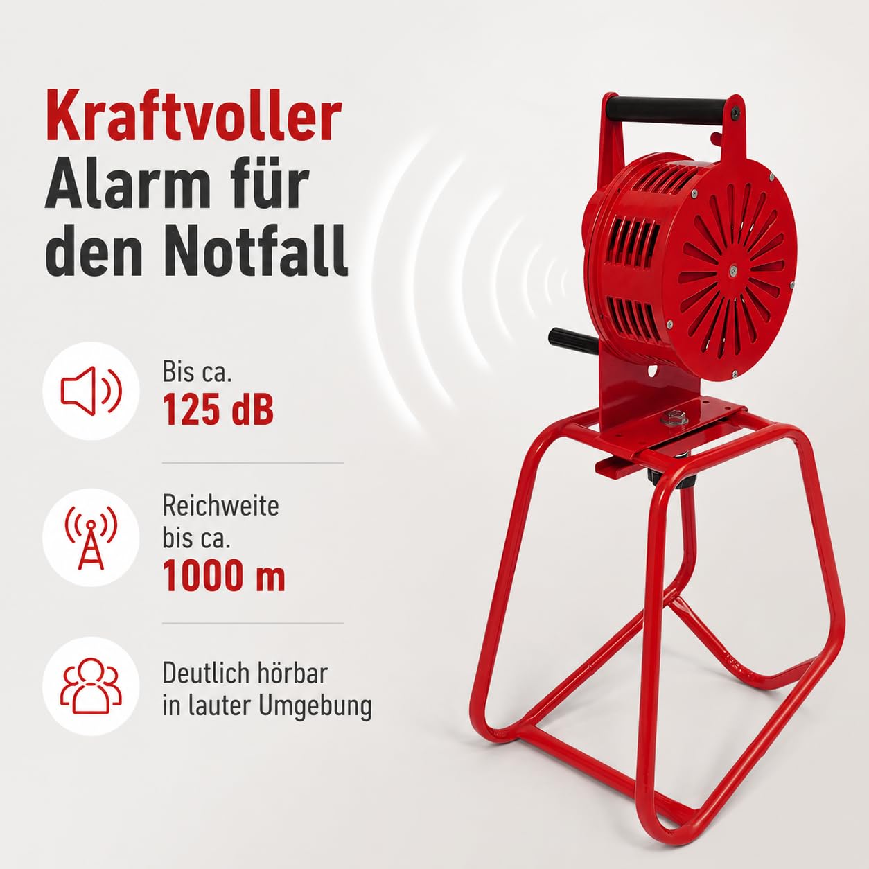 Sirène à main avec manivelle - 125 dB - Portable - Sirène à main - Actionnement à levier - Avec support pour la technologie de surveillance de la maison - Alarme incendie - Gardes côtières