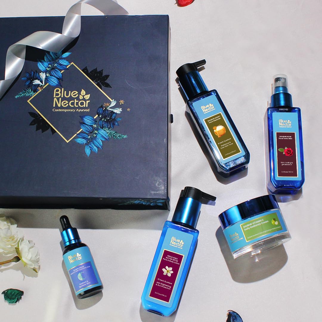 Blue Nectar Indulgent Nature Beauty Gift Set | Skincare Combo with Kumkumadi Cream, Vitamin C Serum, Nargis SPF Lotion, Honey Face Wash & Rose Face Mist | Gift for Women & Men | Pack of 5