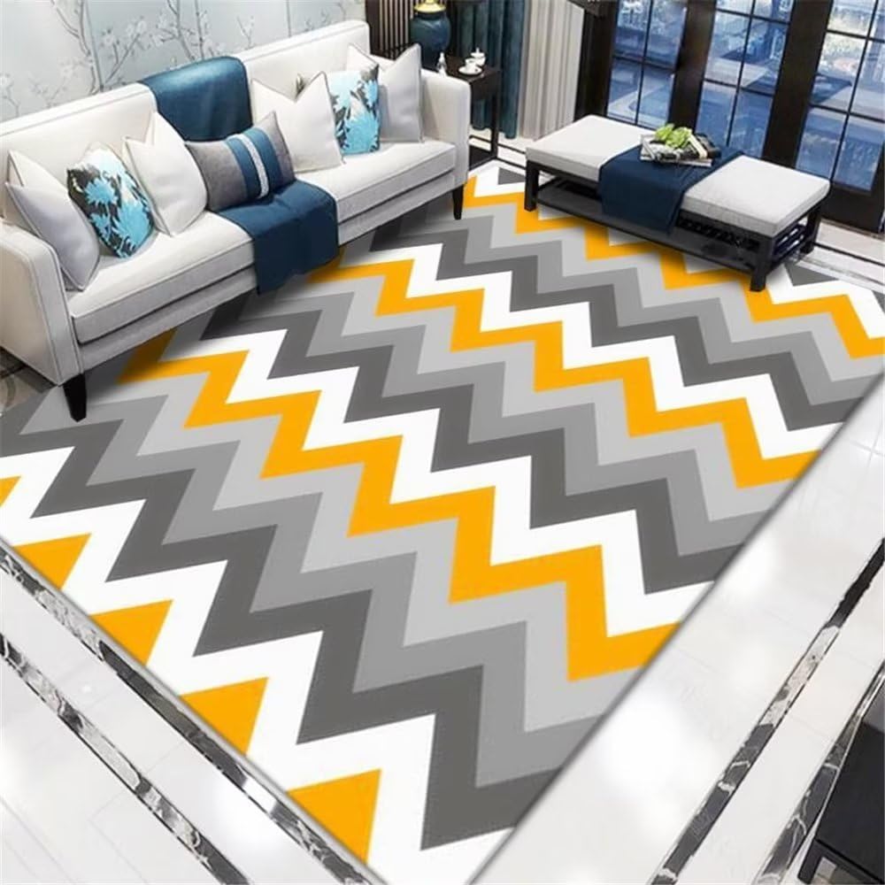 Tapis antidérapant à rayures jaune et gris pour salon