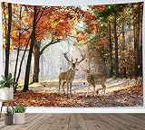 HVEST Fall Tapestry Deer in Orange Maple Tree Forest Wall Art for Bedroom Autumn Nature Landscape Wall Hanging Blanket Holiday Tapestry for Living Room Dorm Wall Decor, 60W X 40L inches