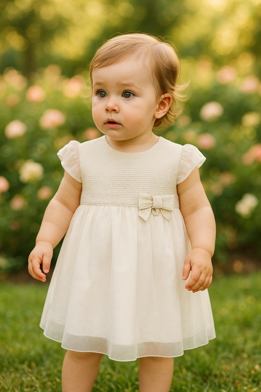 Mayoral Vestido elegante blanco para bebé con tul y lazo, perfecto para ceremonias y ocasiones especiales