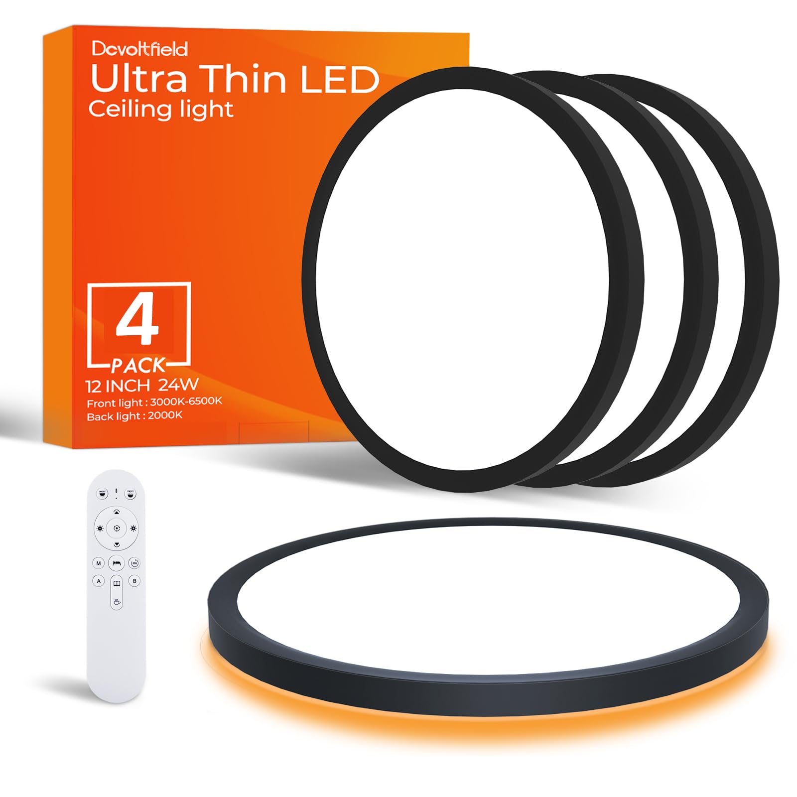 4Pack Dimmable LED Flush Mount Ceiling Light Fixture with Remote Control, 24W 2400LM, 12Inch, 2000K Warm Night Light & 3000K-6500K, Modern Super Slim Ceiling Lamp for Bedroom Kitchen, Black