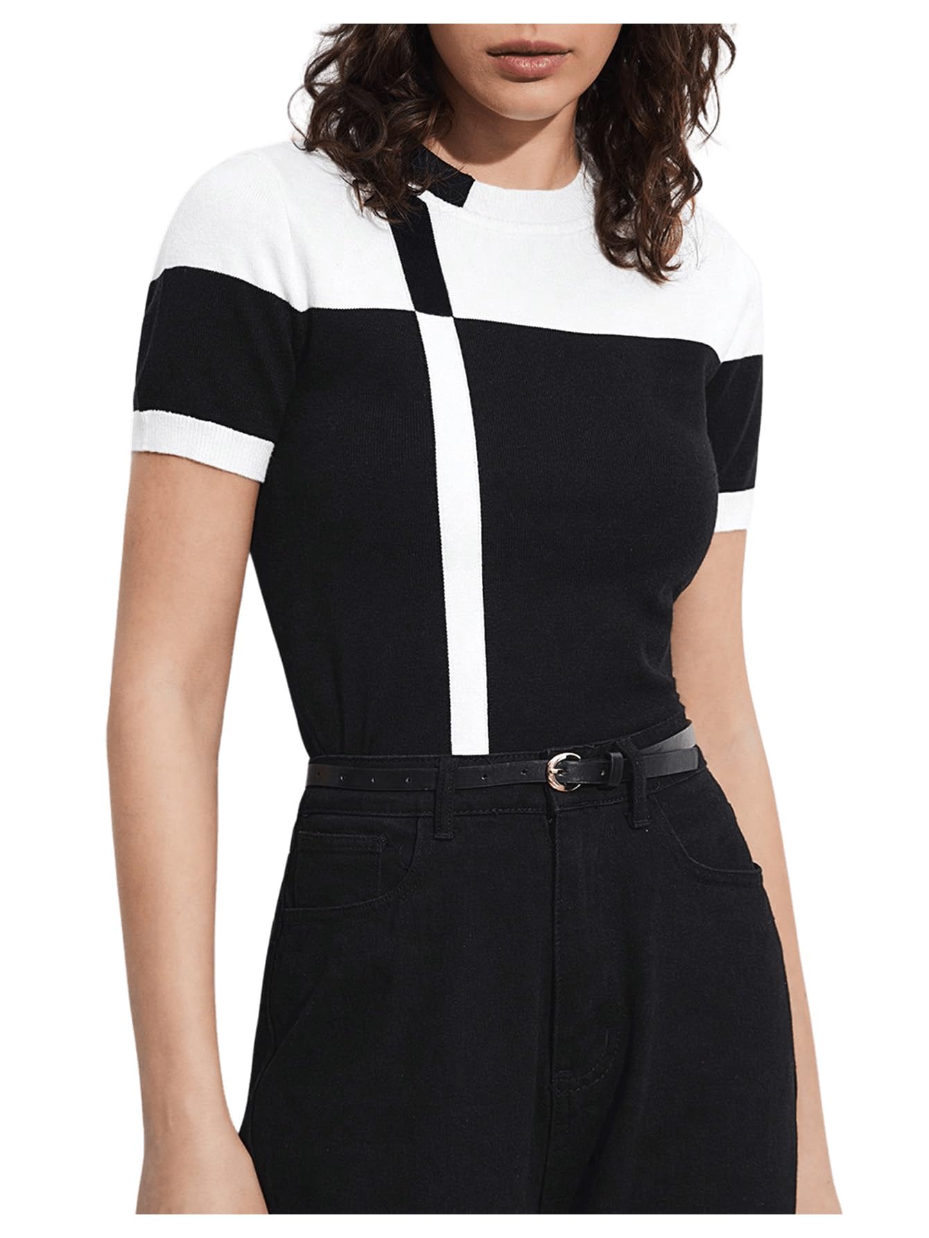 Verdusa Womens Color Block Short Sleeve Fall Sweater Crewneck Business Casual Outfits