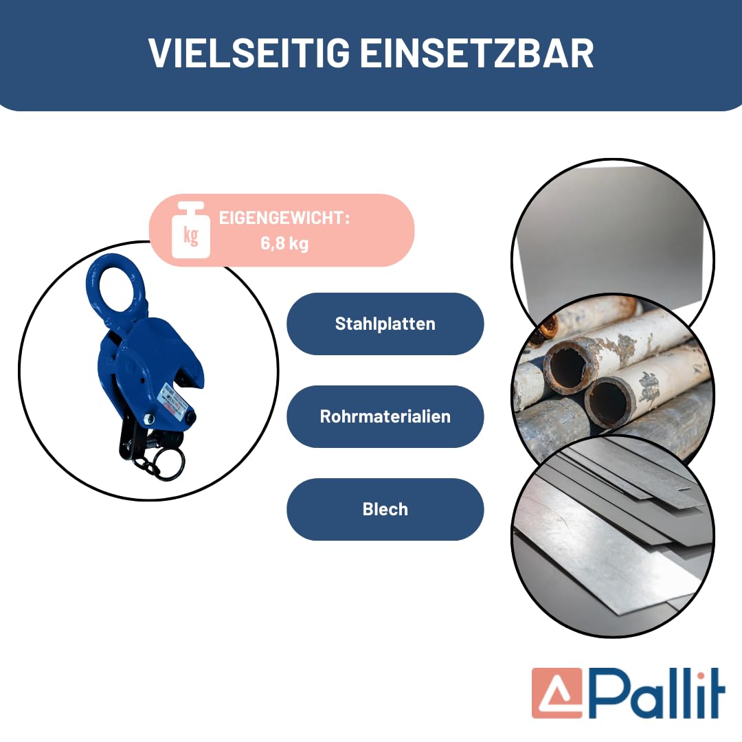 Pallit Hebeklemme 2 Tonnen Blechgreifer Vertikale Sicherheitsklemme für Stahlplatten 2000kg GRAB
