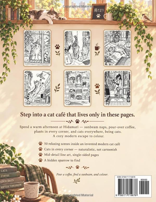 Cat Café: A Cozy Modern Japan Coloring Book for Adults — 50 Relaxing Cat-Café Scenes: Sunbeam Naps, Pour-Over Coffee, House Plants & Cats in Every Corner (Paper & Neon) image 3