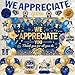 DARUNAXY We Appreciate You Decorations, Blue Gold Thank You All You Do Banner Backdrop Honeycomb Hanging Swirl Confetti Balloons for Retirement Office Coworker Staff Teachers Nurse Appreciation Gifts