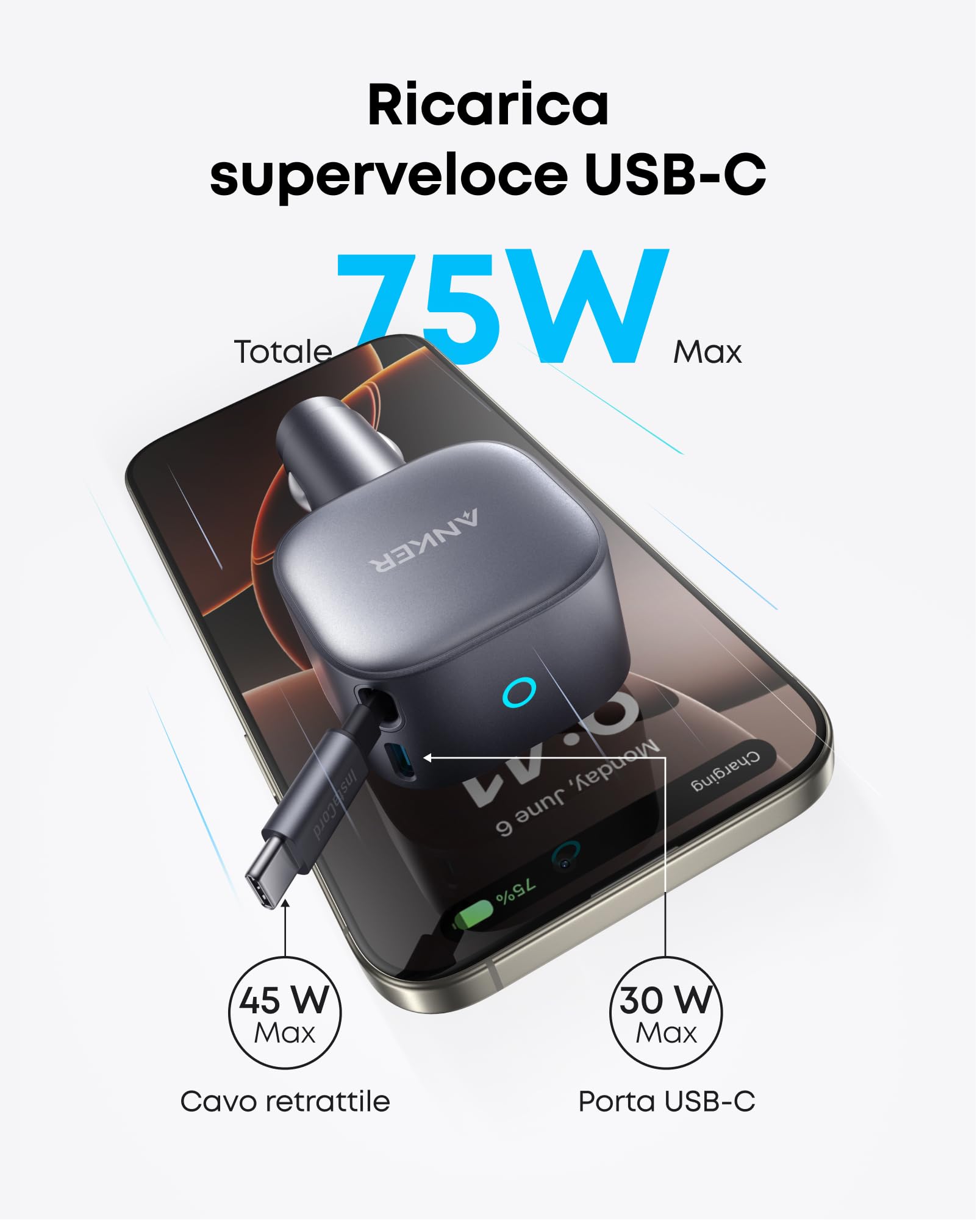 Anker Caricatore Auto USB C 75W Max, Ultra-Compatto Tipo-C Rapido per Auto con Cavo a Scomparsa Integrato, Adattatore per Auto per iPhone 16/15/14 Series, MacBook, iPad, Galaxy, AirPods e Altro