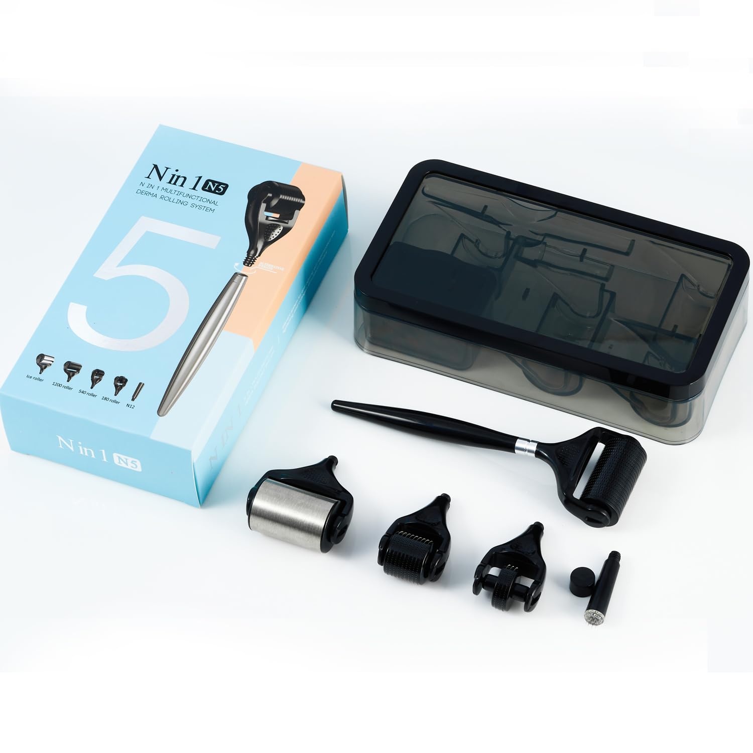 5 in 1 Derma Roller Kit with 0.3mm Microneedle Roller & Ice Roller for Face & Body/Beard & Hair, At-Home Beauty Tool Set