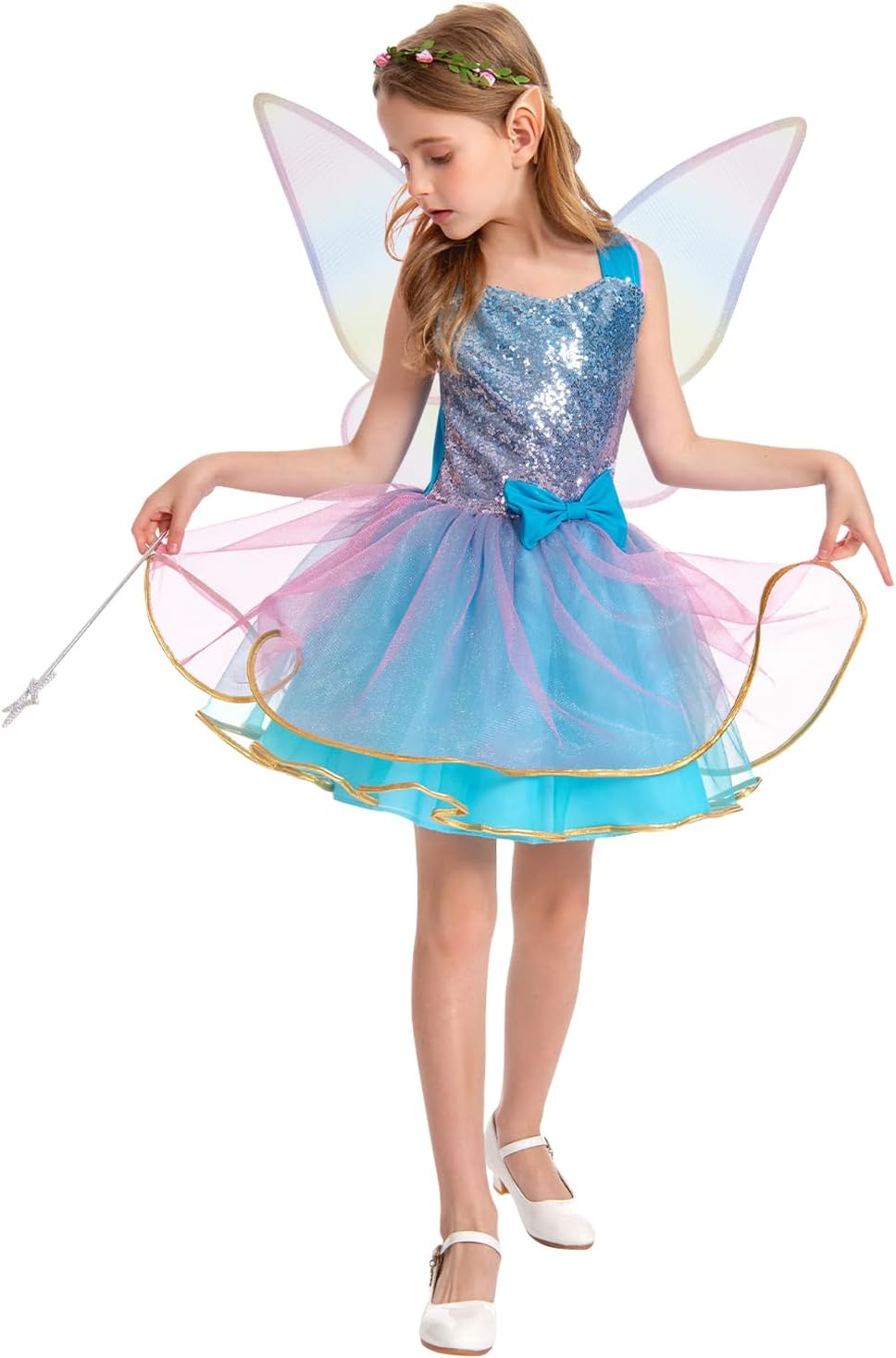 Fairy Costume Dress for Girls 3-10, Fairy Princess Pink Tutu Outfits Butterfly Wings Wand Headband Halloween Gifts - Image 3