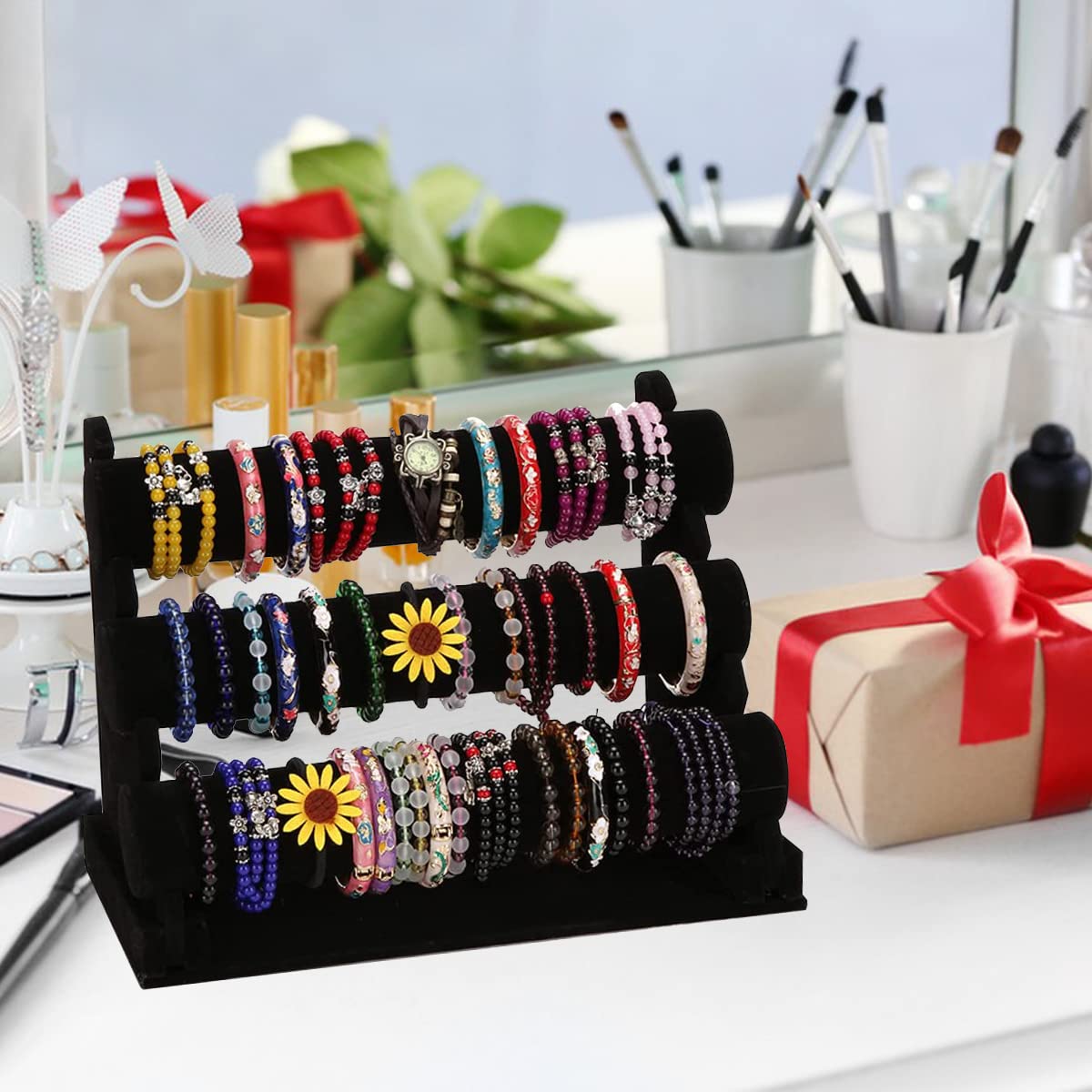 Forever Lover Bracelet Holder with 3 Tier Rack, Black Velvet Detachable Display Stand Organizer Vendors Storage for Jewelry Necklace Bangles Watches Hairband Scrunchie