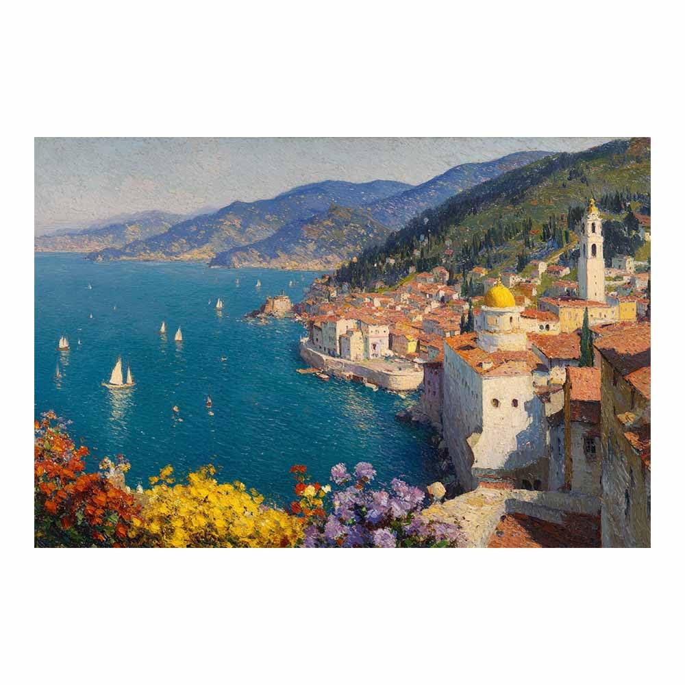 HOQIU Natural scenery wall art Italian Coastsal Village decorative painting, wall art, for Living Room Bathroom Bedroom Kitchen Decoration.(Multicolor)-80x120cm Unframed