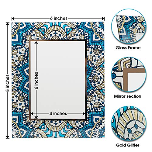Photo Picture Print Frame 4X6 Blue Boho Bohemian Glass Design With Hook, Tabletop Stand And Mount For Home Décor, Family, Kids And Couple Photos, Or Gift Modern Navy Turquoise Geometric Design #TOP1