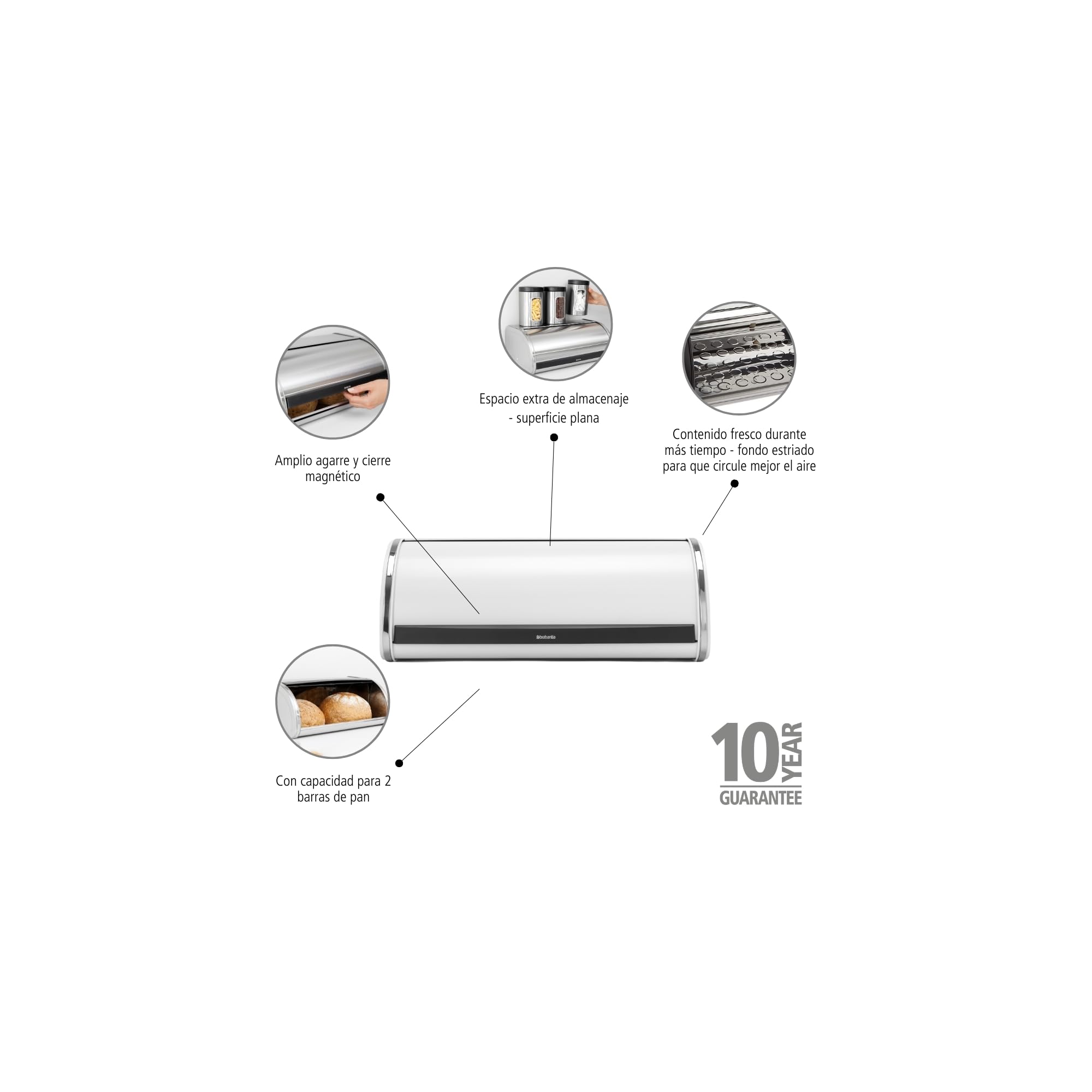 Brabantia Panera Roll Top - Caja de almacenamiento grande para pan, bagels, panecillos - Diseño eficiente con parte superior plana, Metal duradero - White