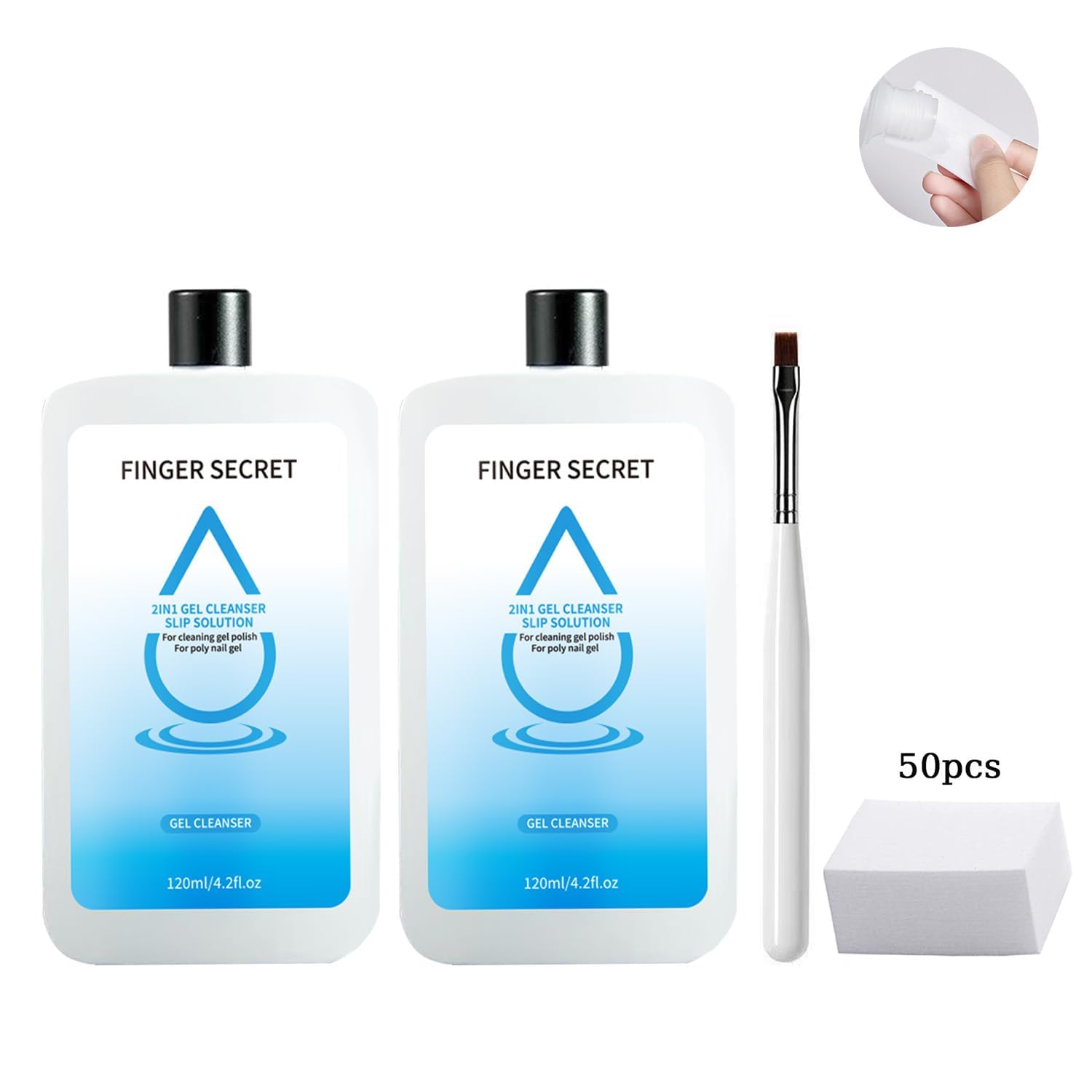 Finger Secret 2PCS 2in1 Slip Solution Kit For Poly Gel 120ml With Nail Brush Poly Set Professional Gel Cleanser for UV & LED Gels.Ideal for DIY Beginners and Nail Salon