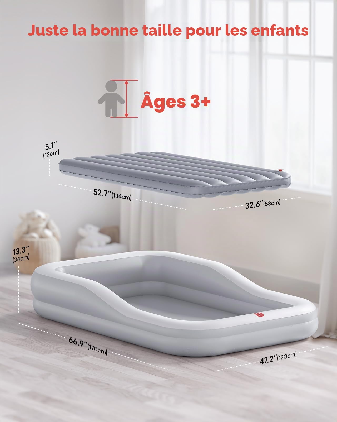 QPAU Lit de Voyage Gonflable pour Enfant avec Tente, Tente de Berceau, Matelas Gonflable Portable pour Enfants avec Pare-Chocs de sécurité, idéal pour la Maison, Grand-mère, Camping (Gris)