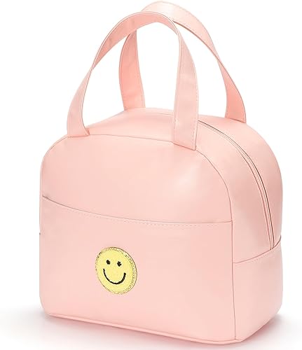 Lunch Bag for Women Large Insulated Lunch Box Reusable Lunch Tote Bag with Preppy Lunch Bag,Soft Leather Lunchbag for Work Picnic Travel (Pink)