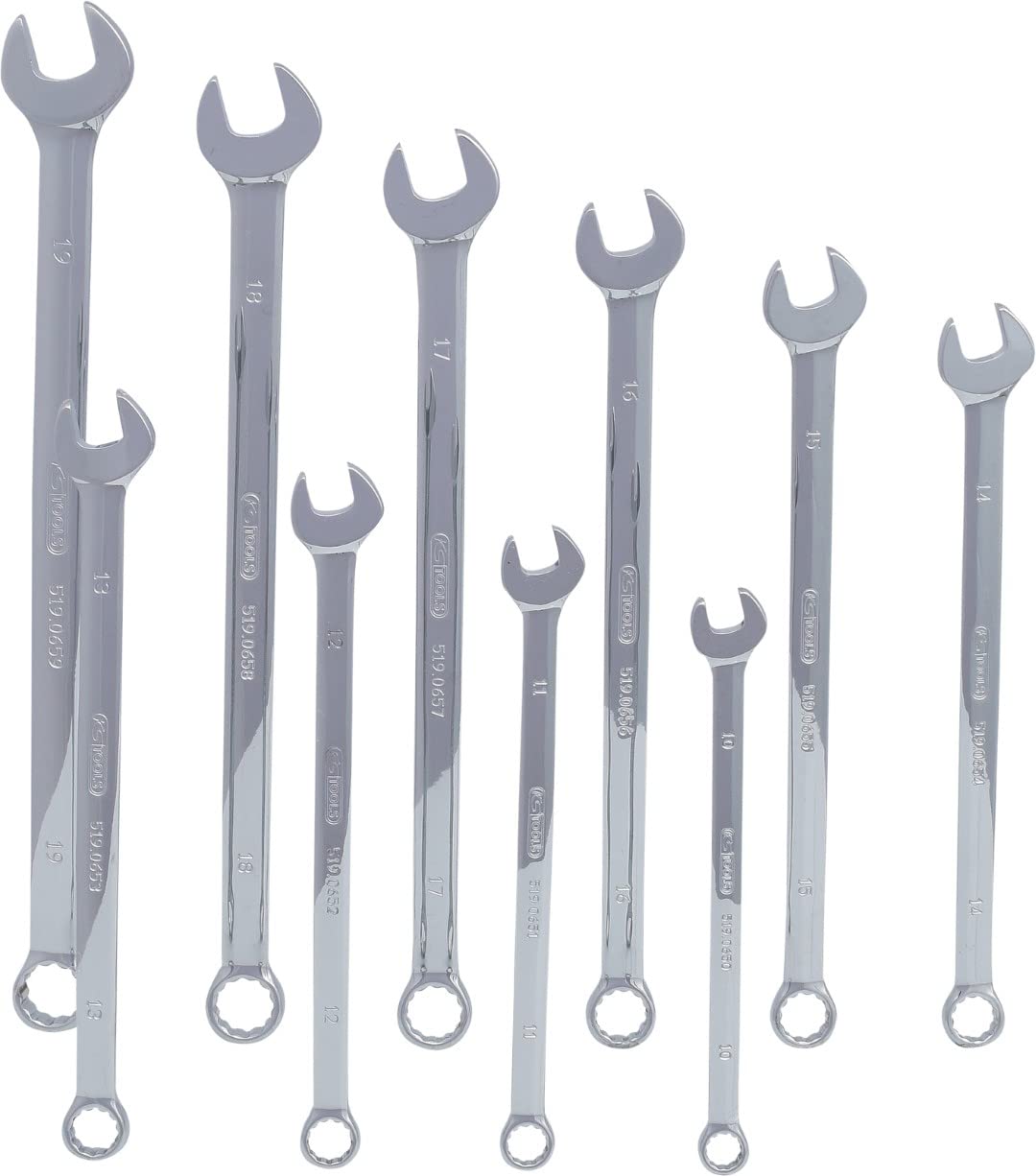 KS Tools 519.0660 - Pack de 10 piezas con llaves combinadas Chrome, extra largas (entrecaras 10-19 mm) | Juego de llaves mixtas CHROMEplus, extra largas, 10 pcs., cromo vanadio