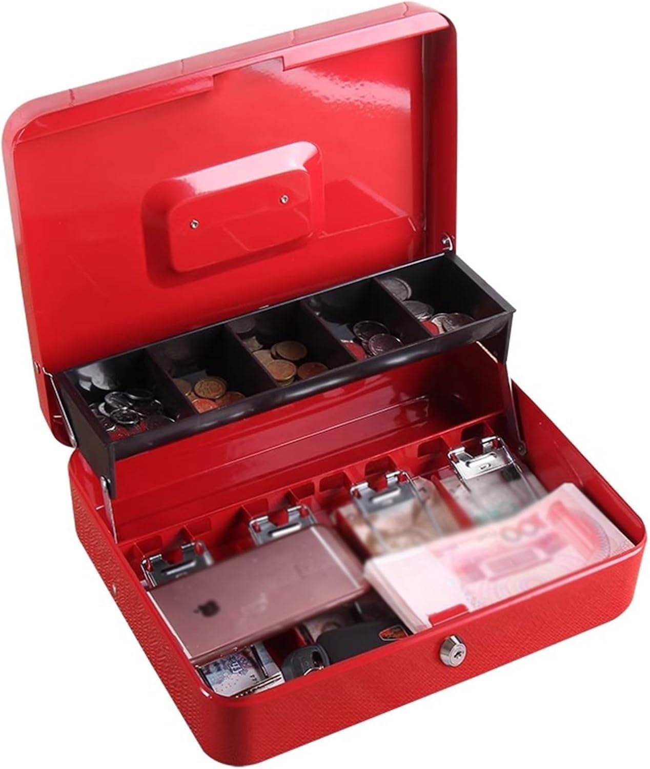 cajón portamonedas, Caja registradora portátil de Metal for Dinero, contenedor for Monedas con Tapa, Caja Manual(Red)