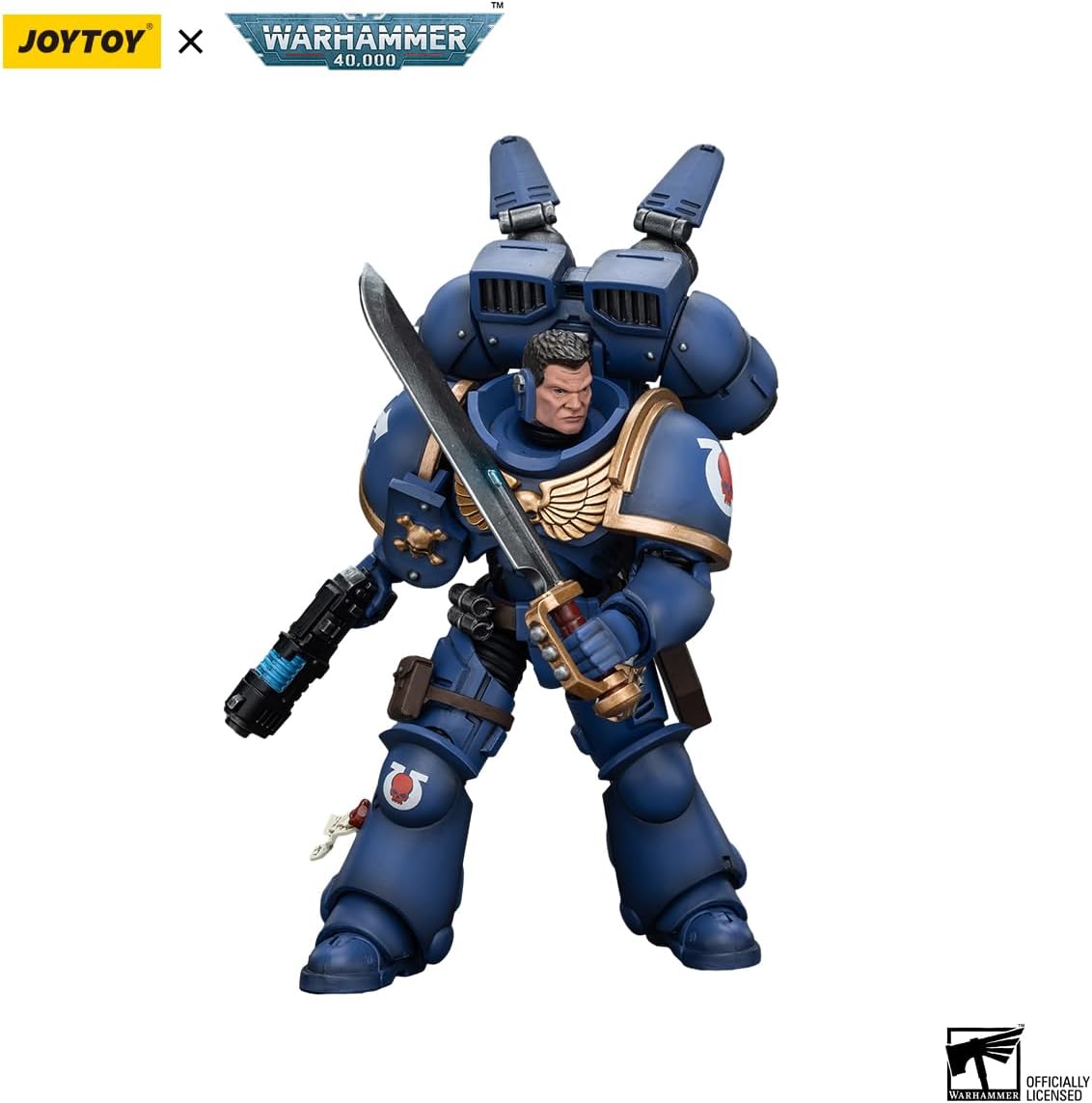 JOYTOY Warhammer 40K Space Marines Ultramarines Jump Pack Intercessors Sergeant with Plasma Pistol and Power Sword 1:18 Scale Action Figure Mecha Joy Toy Collection Model 4.8 inch