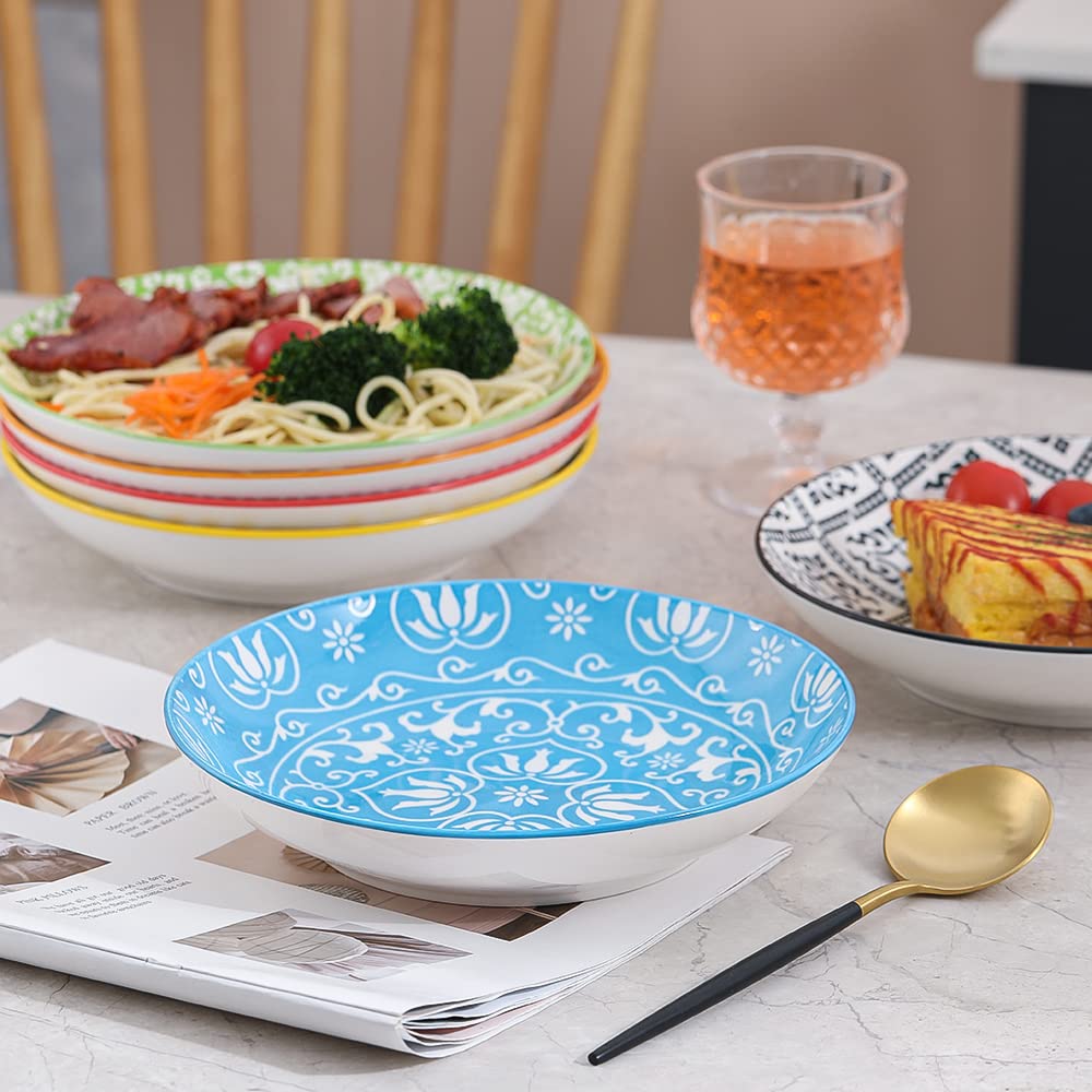 Servizio Piatti Fondi in Ceramica Colorati, Profondi 20 cm - per Zuppa | Insalata | Pasta | Gourmet | Risotto - Lavabile in Lavastoviglie e Microonde - Set di 6