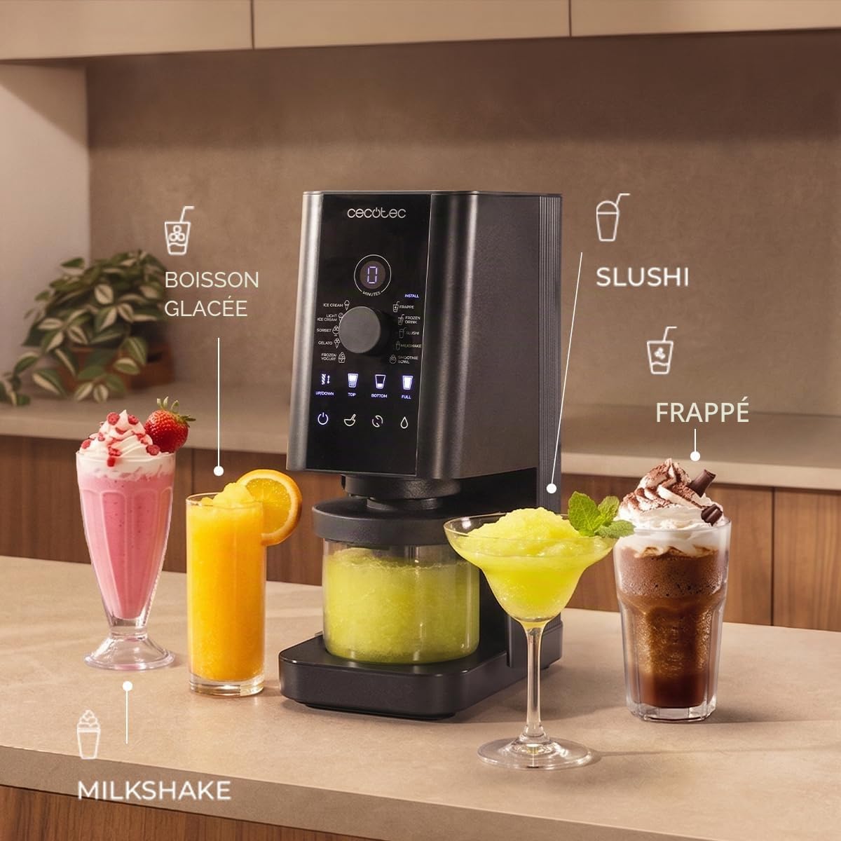 Cecotec Machine à Glaces - Sorbetière - 1,35 L - Gelatec 1800. 700 W, 10 Programmes, Boutons Tactiles et Commande Rotative, Glaces et Boissons en 3 Étapes, 3 Bacs BPA Free, Onctuosité Parfaite