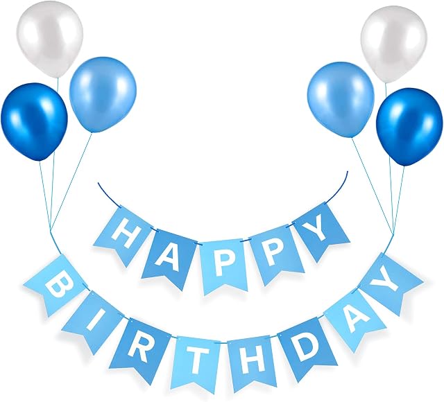 Happy Birthday Banner Blue, HCSSZ Large Size 16 X 20CM Birthday Bunting with 6 Balloons for Birthday Party Decorations and Any Ages's Party Supplies