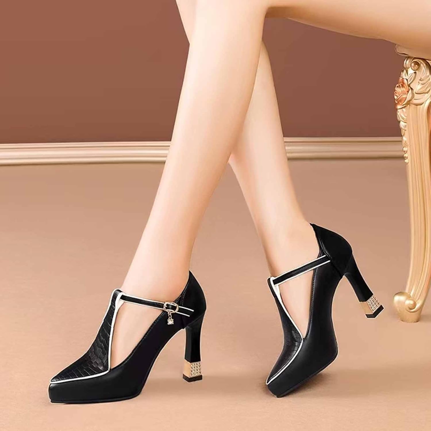 Women's PU Printed Rhinestone T-Strap Pumps Fashion Pointed Toe Elegant Mary Jane Block Heels Dress Shoes for Party Work Weddings