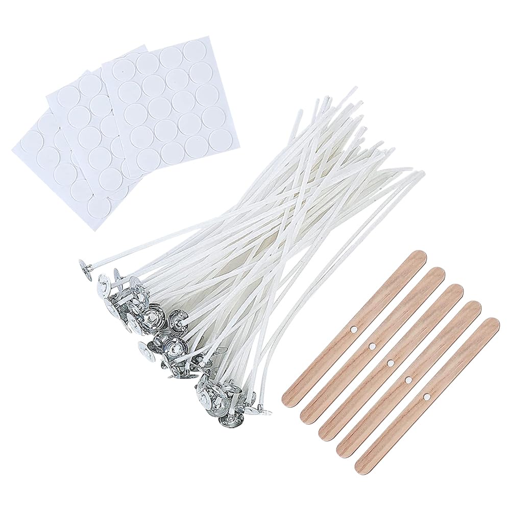 HugeDE 100 Pcs Cotton Candle Wicks Soy Wax Beeswax Candle Wicks Thick Braided Candle Wick 5 Pcs Wooden Candle Wick Holders 60 Pcs Wick Stickers for Candle Making 15cm