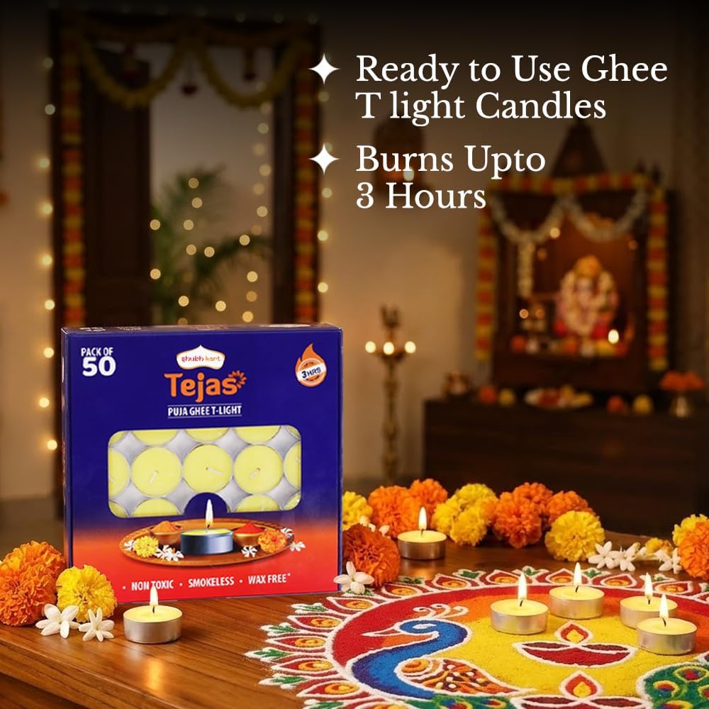 Shubhkart Tejas Premium Ghee T-Light Candle Set of 50 Wax-Free Smokeless Tealights for Prayer Rooms, Meditation, Home, Festive Events, Weddings & Gifting with Bright Long-Lasting 3-Hour Pure Flame