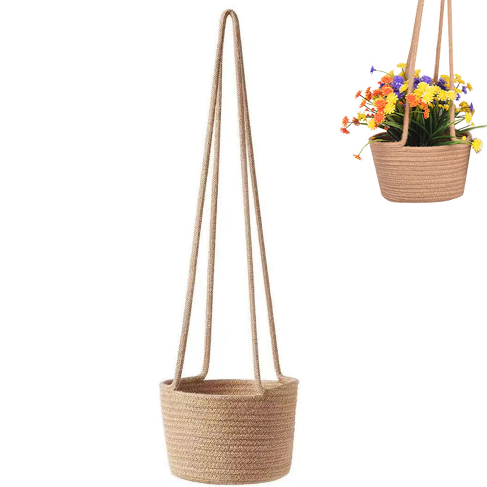 Macetero Colgante de Paja, Macetas Colgantes, Canasta Plantas con Cuerda, Algodón Tejida Jardinera, Maceta Paja, para Flores, Plantas, Decoración de Interiores y Exteriores, 20 cm