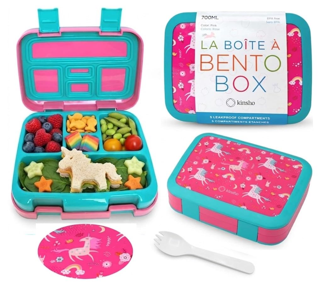 kinsho Bento Lunch Box Container, Pink Unicorn, Small Kids, Toddlers | 5 Portion Sections, BPA-Free Spill-Proof Leakproof Removable Plastic Tray, Daycare Pre-School Girls Snacks and Lunches