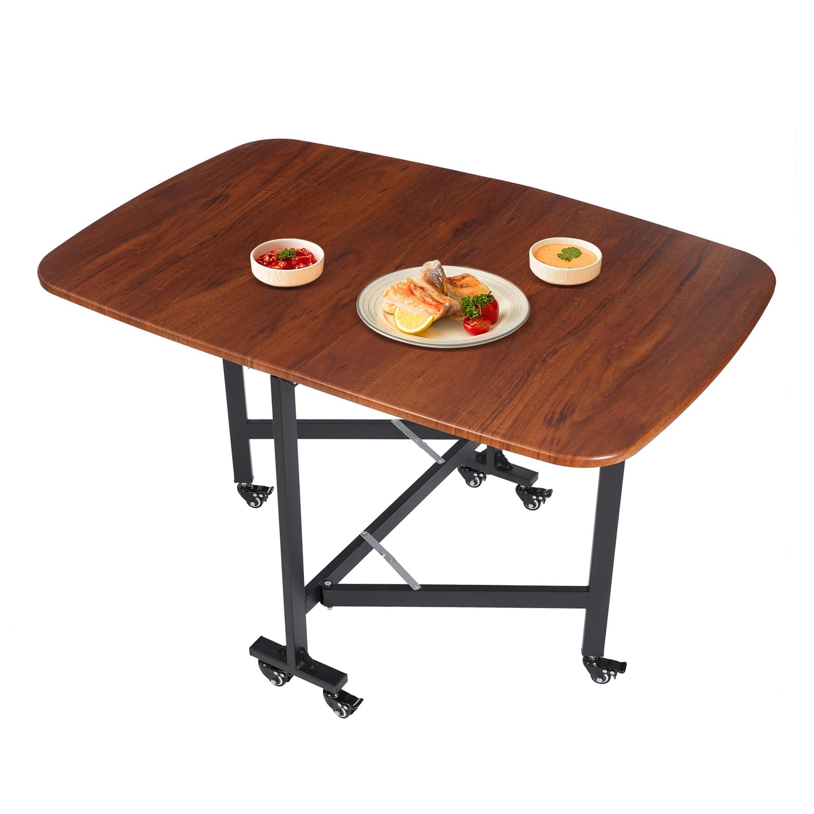MINRS Tavolo da pranzo pieghevole da cucina, pieghevole con ruote, in legno, per studio, camera da letto, casa, marrone vintage