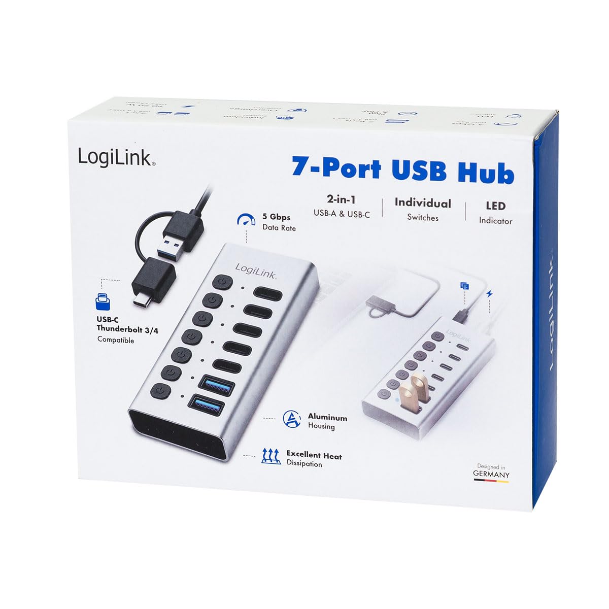 LogiLink UA0447 - Hub USB 3.2 Gen1 con 7 Puertos y Cable/Adaptador, USB Tipo A y USB Tipo C, Interruptor de Encendido/Apagado, Aluminio