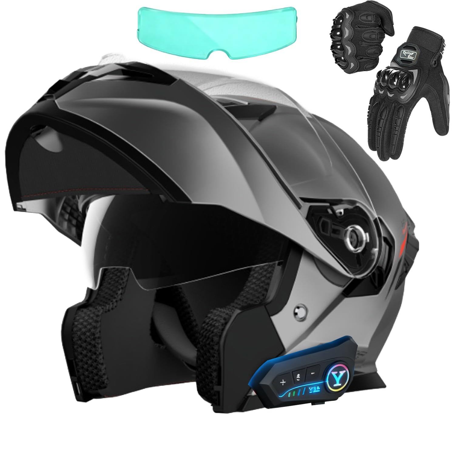 Casco De Moto Modular Bluetooth, Casco Abatible con Doble Visera, Homologado ECE 22.06, Doble Visera Doble Lente Sistema De Ventilación, Guantes, para Adultos, Hombres Y Mujeres A,2X-Large