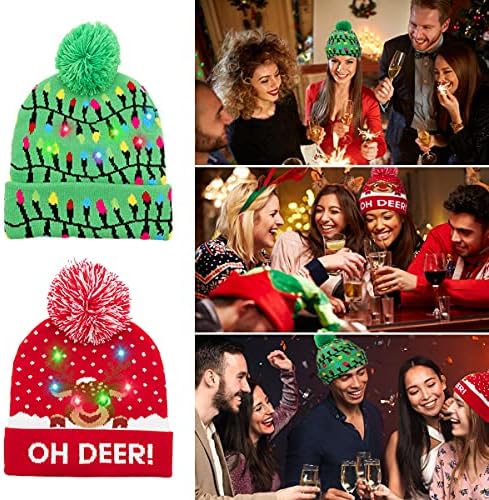 2 Pack Christmas Hats Achort Winter Light-Up Knitted Hat Warm Novelty Xmas Cap 6 LED Lights Colorful Glowing Festival Beanie for Kids Children Unisex Holiday Party Skating Cycling